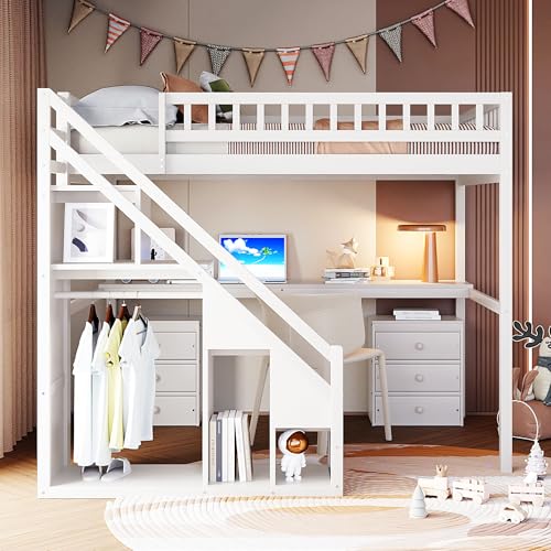 Modern Full Size Gaming Loft Bed with Built-in Desk and Storage Wardrobe, Wood Loft Bed Frame with Light Strip and 2 Drawers