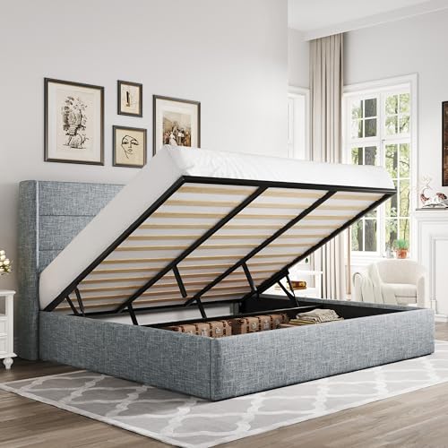 Allewie Full Size Lift Up Storage Bed, Modern Wingback Headboard, Hydraulic Support, No Box Spring Needed, Light Beige