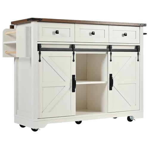 Kitchen Island Cart With Power Outlet, 2 Doors, Drop Leaf, Spice Rack, 2 Drawers - Rolling Storage Cart on Wheels for Home and Dining Room - White