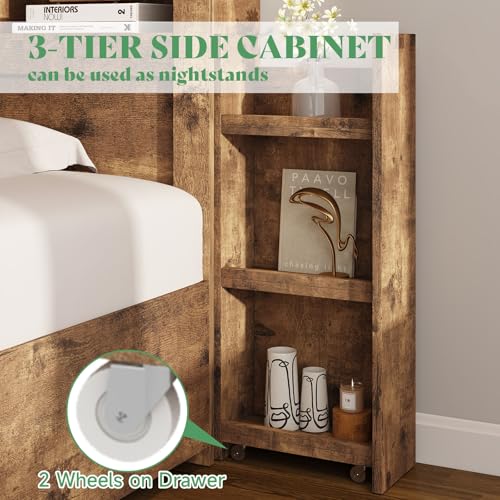 AMERLIFE Queen Bed Frame with 4 Storage Drawers, LED Platform Bed with 49" Bookcase Headboard