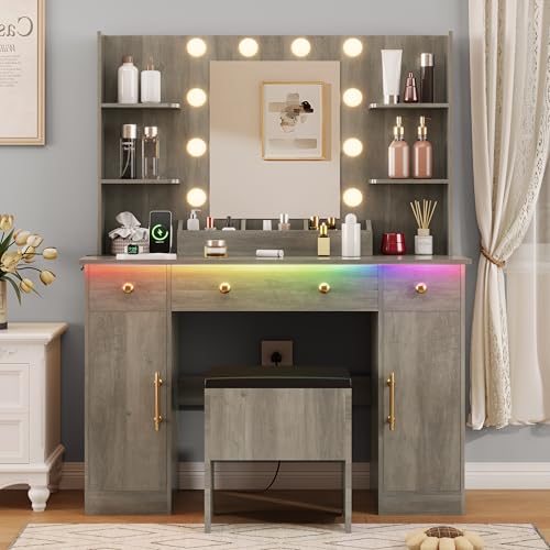 Vanity Desk with Mirror and Lights, Makeup Vanity with Charging Station & Vanity Stool