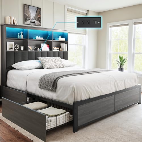HISOFT Queen Bed Frame with Storage Headboard, Wood Bed with High Storage Bookcase, 4 Drawers & LED & Charging Station