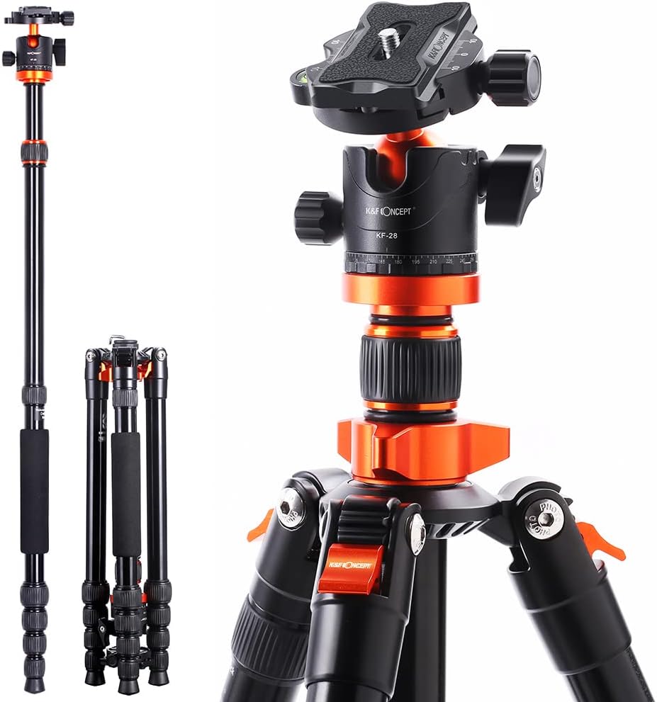 K&F Concept 67 inch Camera Tripods,K255A4+BH-28L (TM2515M1) Compact Travel Tripod with Monopod