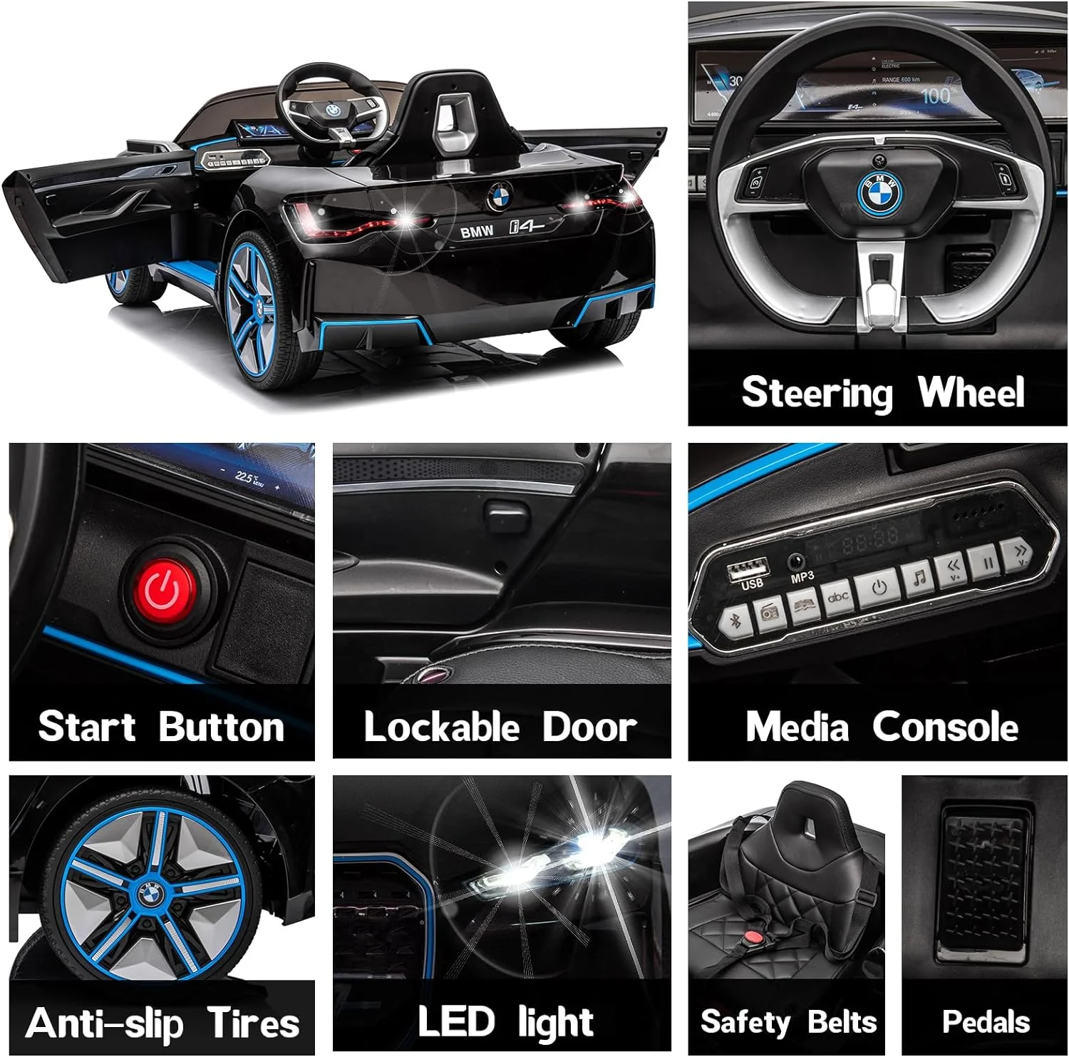 BMW i4 12V Kids Electric Ride-On Car with 2.4G Remote Control, Battery Powered Electric Vehicle Toys Car for 3-8 Years Old, Safety Belt, LED Lights