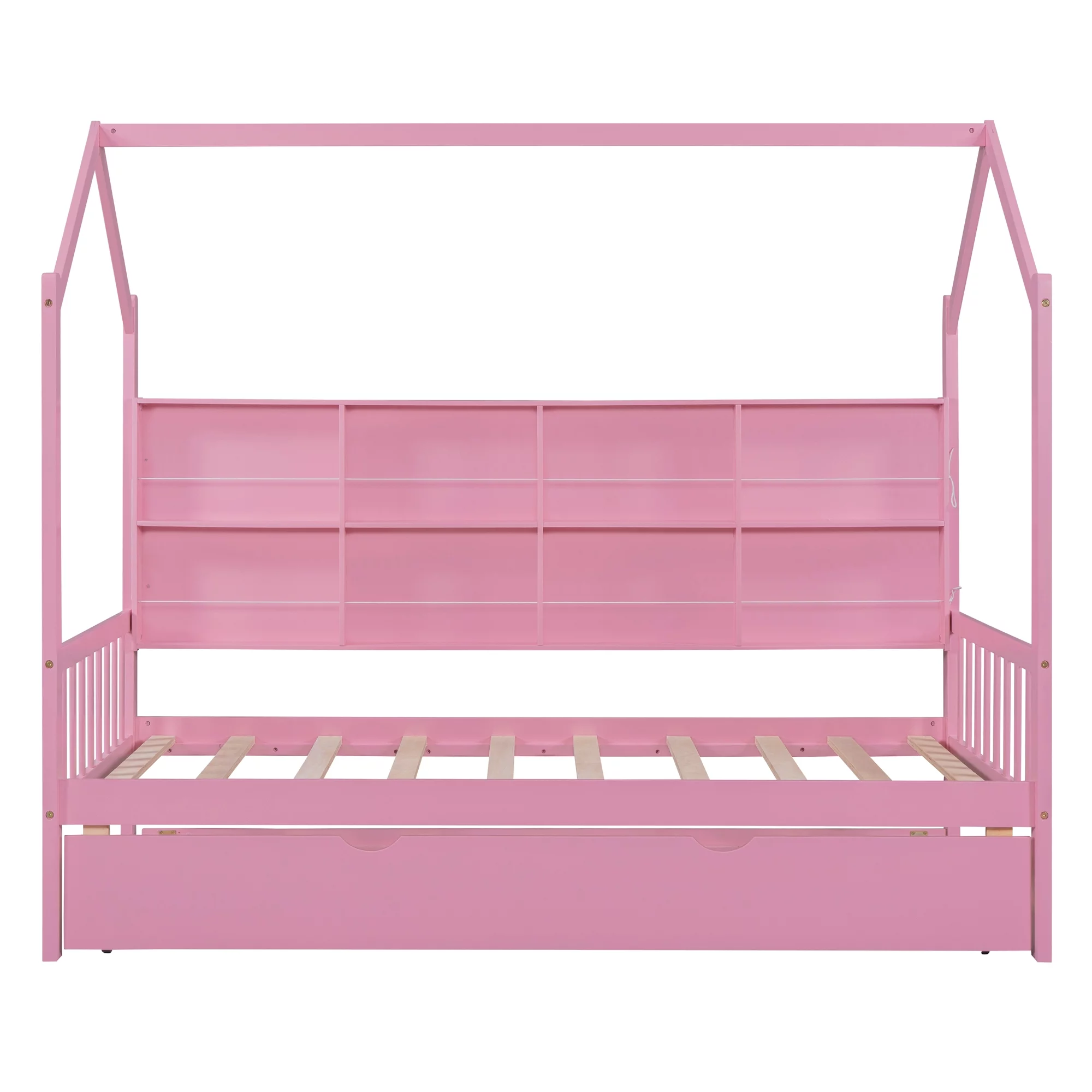 Swivelife Wooden Twin Size House Bed with Trundle,  Kids Bed with Shelf for Kids Room, Pink