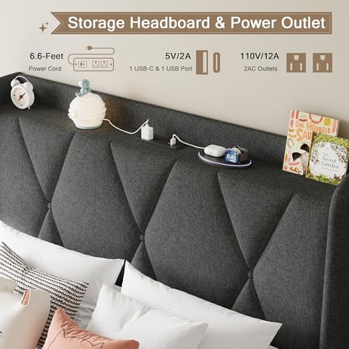 Queen Bed Frame with 4 Storage Drawers and Charging Station, Upholstered Platform Bed Frame with Storage Headboard, No Box Spring Needed