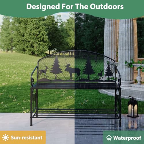 Outdoor Bench, Garden Bench with Backrest and Armrests, Patio Bench with Forest Series Pattern, Anti- Rust Thickened Metal Bench Outdoor for Garden