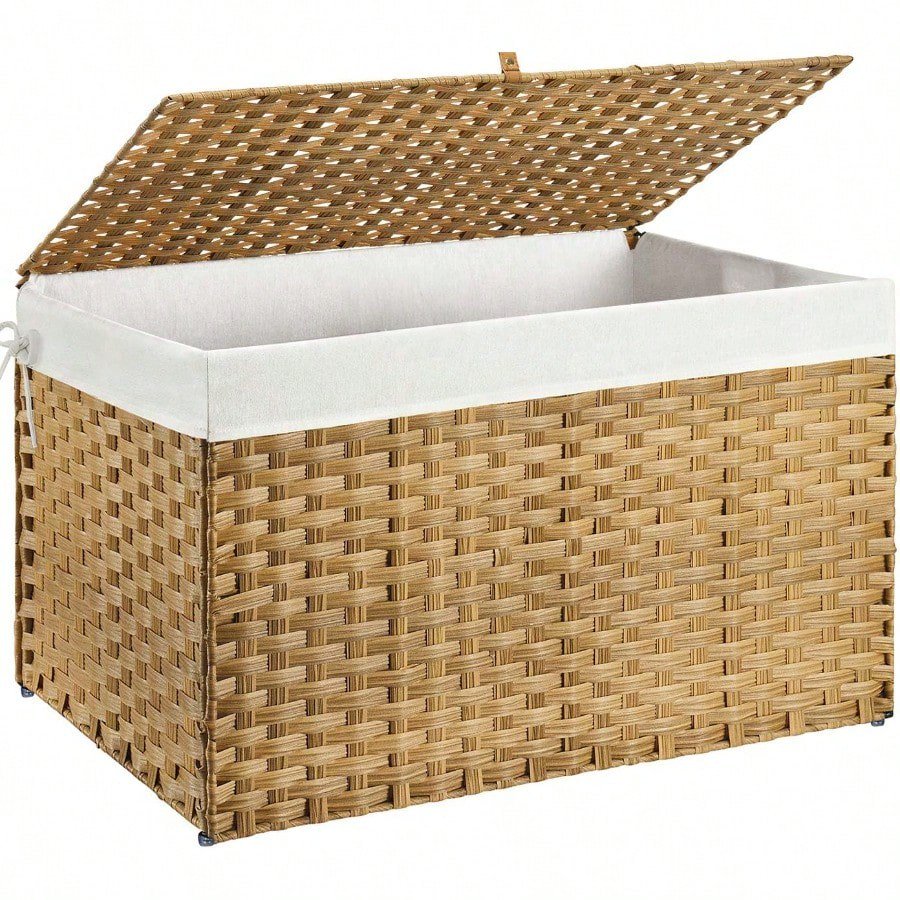 GREENSTELL Storage Basket with Lid 42.3 Gallon 160L Lagre Wicker Blanket Storage Basket with Handles Foldable 2 Removable Liner Bags Metal Frame for