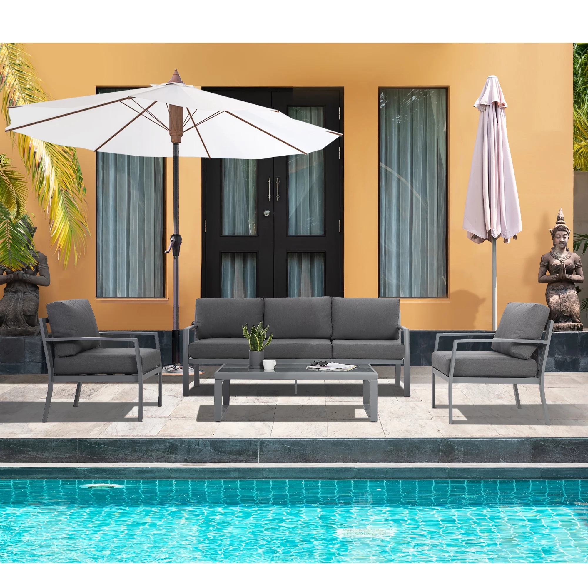 Superjoe Metal Patio Outdoor Furniture Set, 4 Piece Outdoor Deep Seating Conversation Sets with Tempered Glass Top Coffee Table