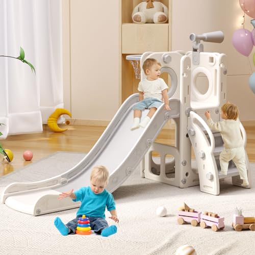 6 in 1 Toddler Playset with Slide, Kids Slide with Basketball Hoop, Ball, Ring Toss, Indoor Outdoor Toys (White Grey)