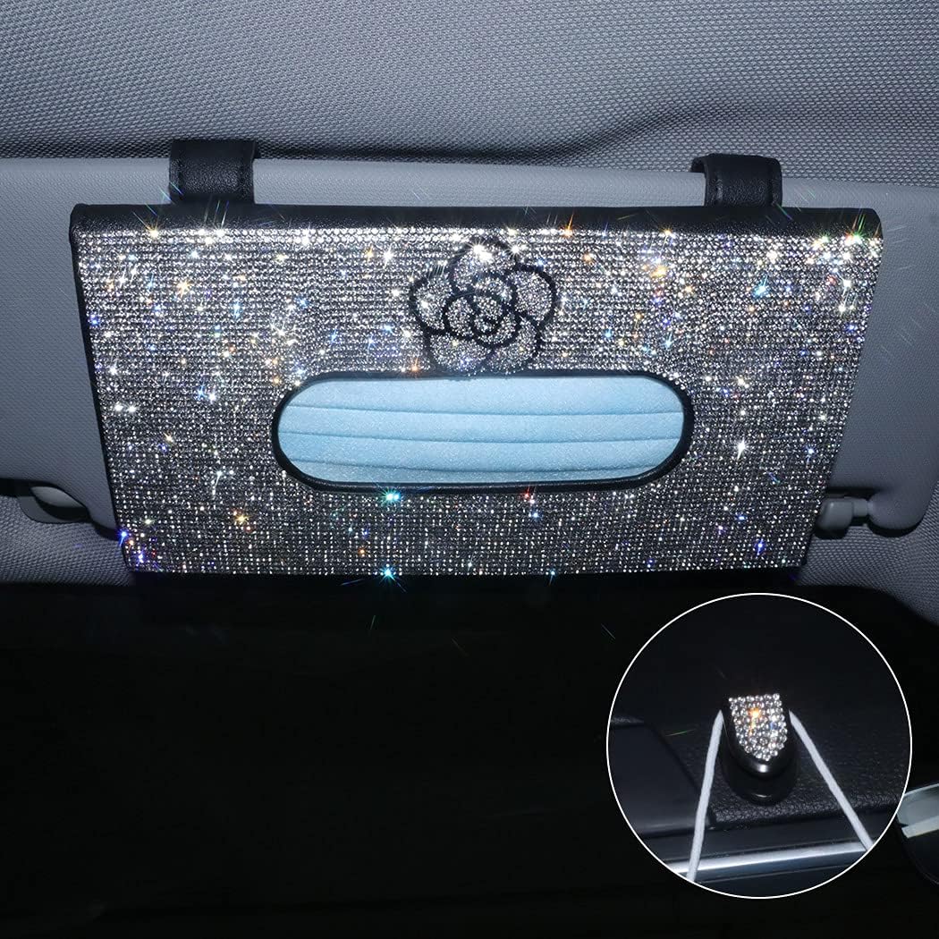 Lady Crystal Glitter Sparkly Car Visor Mask Holder Red Queen Crown Tissue Box Holder for Sun Visor Napkin Holder Paper Towel Cover Case with Bling