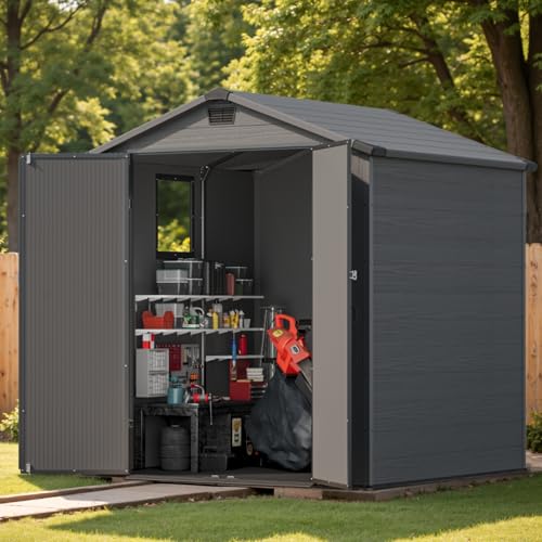 Patiowell 6 x 8 FT Plastic Outdoor Storage Shed with Floor, Resin Outside Tool Shed with Two Windows and Lockable Easy to Install, Door for Garden