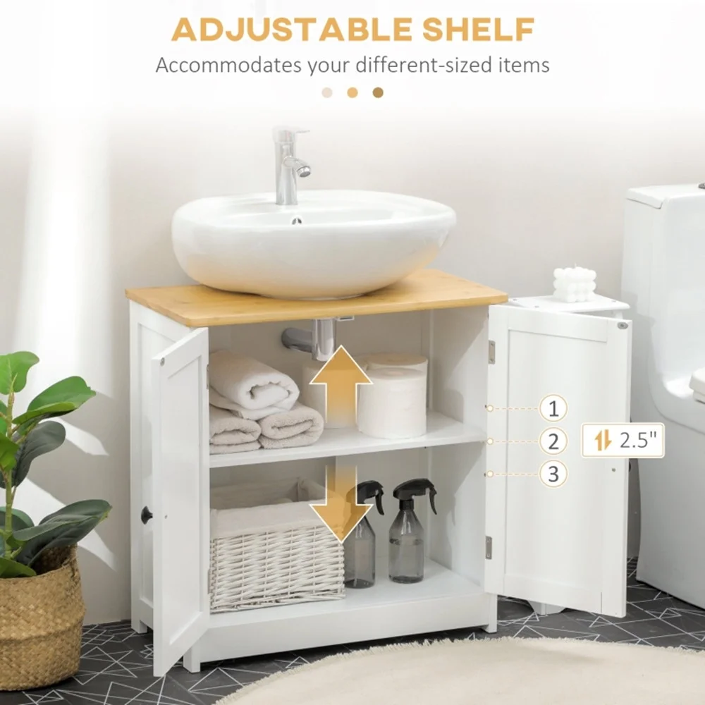 Pedestal Sink Storage Cabinet, Under Sink Cabinet with Double Doors,  Crystal White, Dark Walnut-AS