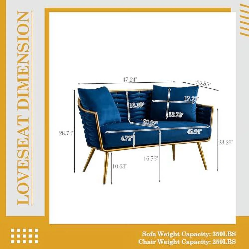 xrboomlife Velvet Accent Sofa Chair  Upholstered Loveseat with Stylish Woven Back  Small Comfy Couch with 2 Pillows  Modern Love Seat with Gold Frame