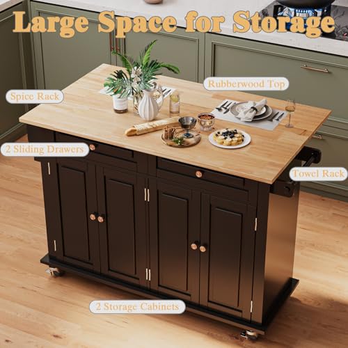 67’’ Movable Kitchen Island with Drop Leaf and Power Outlet, Lockable Sliding Countertop Rolling Island Cart with 2 Large Drawers, Spice, Towel Rack