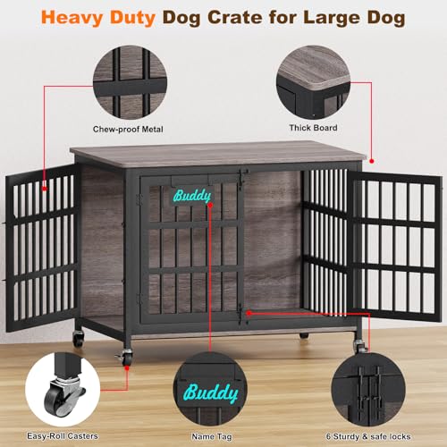 EasyCom 48"/42"/33" Dog Crate Furniture with Name Tag, Heavy Duty Dog Kennel Indoor for Large Dogs