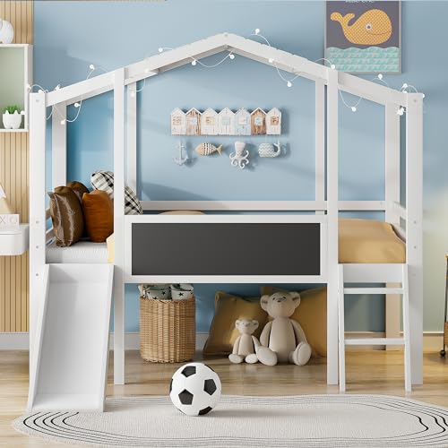 Harper & Bright Designs Kids Twin Low Loft Bed with Slide and Storage Shelves, Wood Playhouse Loft Bed Frame with a Tent & Stairs