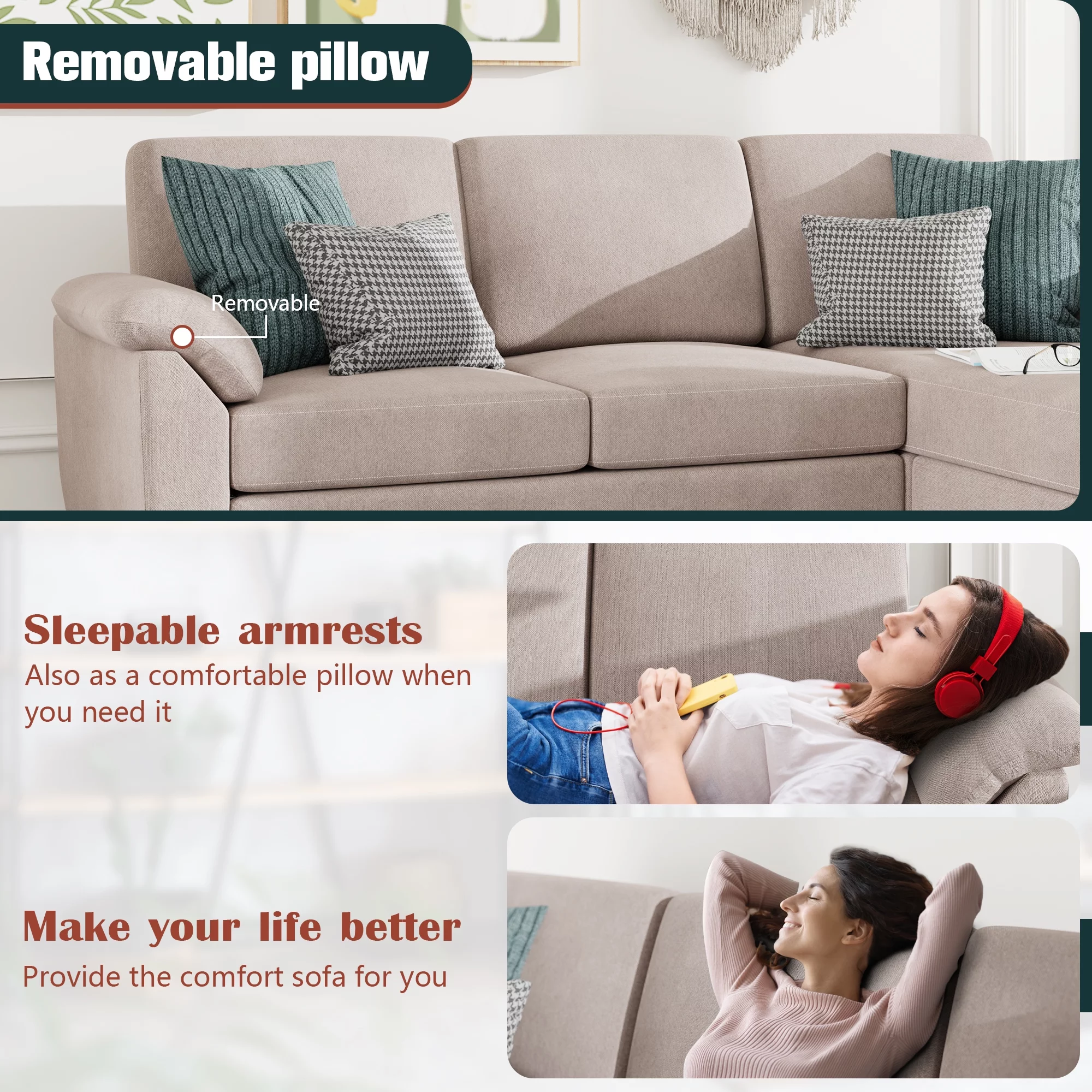 Walsunny 79 Convertible Sectional Sofa Couch,Linen Fabric L Shaped Sofa with Removable Pillows Dark Gray