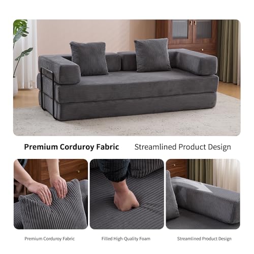 Convertible Sleeper Sofa Bed with Cylindrical Pillow, Corduroy Folding Mattress Couch with Fixed-Shape Frame