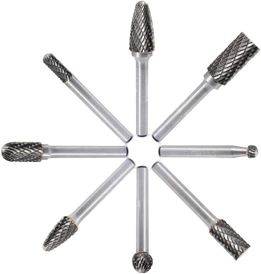 Carbide Burr Set 8pcs JESTUOUS 1/4 Inch Shank Diameter Double Cut Rotary Files Metal Grinding Polishing Carving Tool Drill Bits for Die Grinder Kits