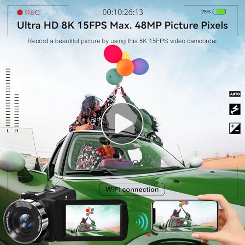Video Camera, 8K Camcorder 48MP 15FPS UHD WiFi Vlogging Camera with IR Night Vision for YouTube, 3" Touch Screen 18X Digital Zoom, with Fill Light