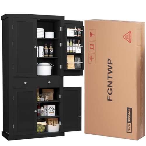 72” Pantry Cabinet, Kitchen Pantry Cabinet with 6 Doors Shelves & 1 Drawer, Kitchen Cabinets with 4 Door for Dinging Room, Living Room, White