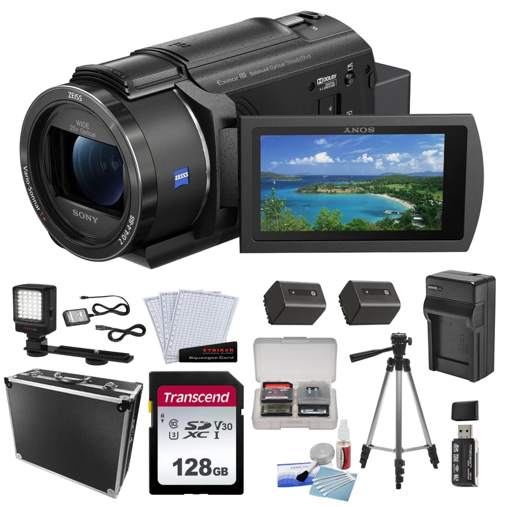 Sony FDR-AX43A UHD 4K Handycam Camcorder Bundle with Video Light with Bracket + Battery Charger + Spare Battery + Screen Protectors + Card Reader +