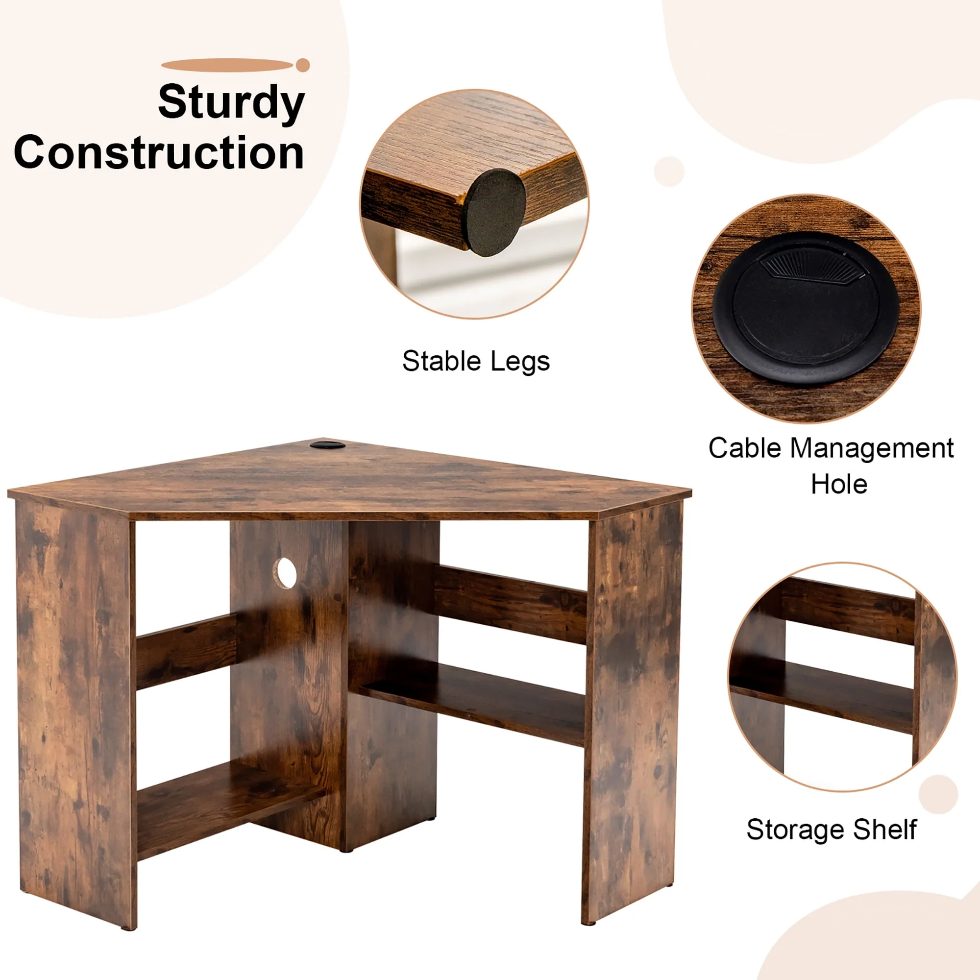 Costway Corner Computer Desk Triangle Writing Workstation w/Storage Shelf Rustic