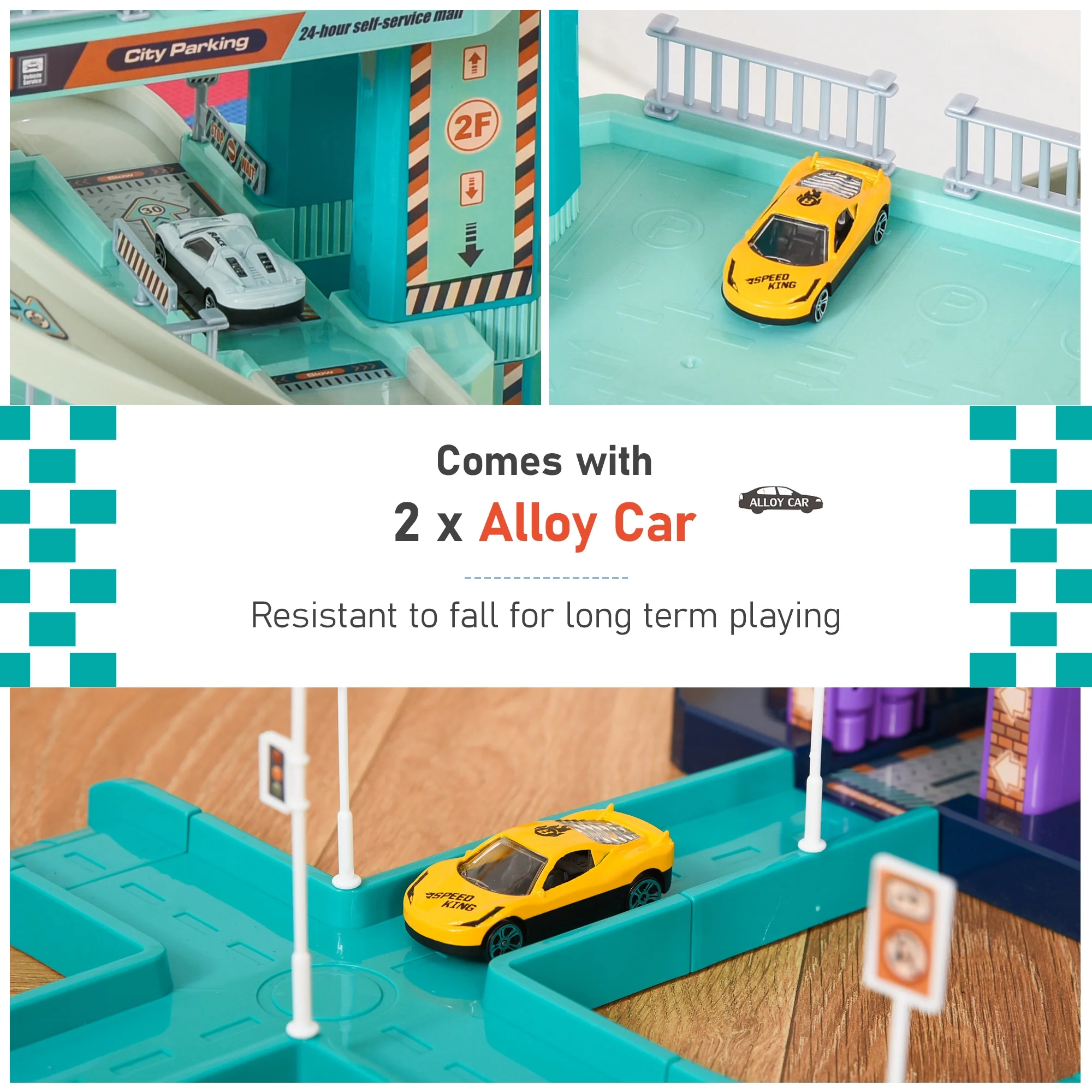 Qaba City Garage Playset with 98 Pieces Accessories Set, 6-Level Car Parking Playsets Toy with Manual and Electric Elevators Wash, Gas