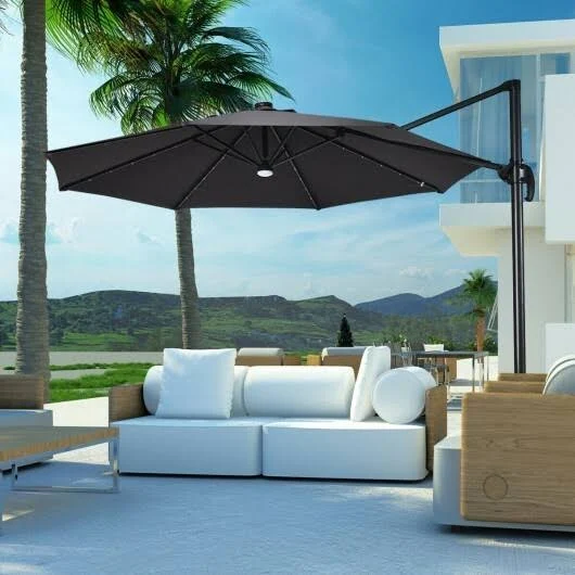 10 ft Patio Offset Cantilever Umbrella with Solar Lights-Gray