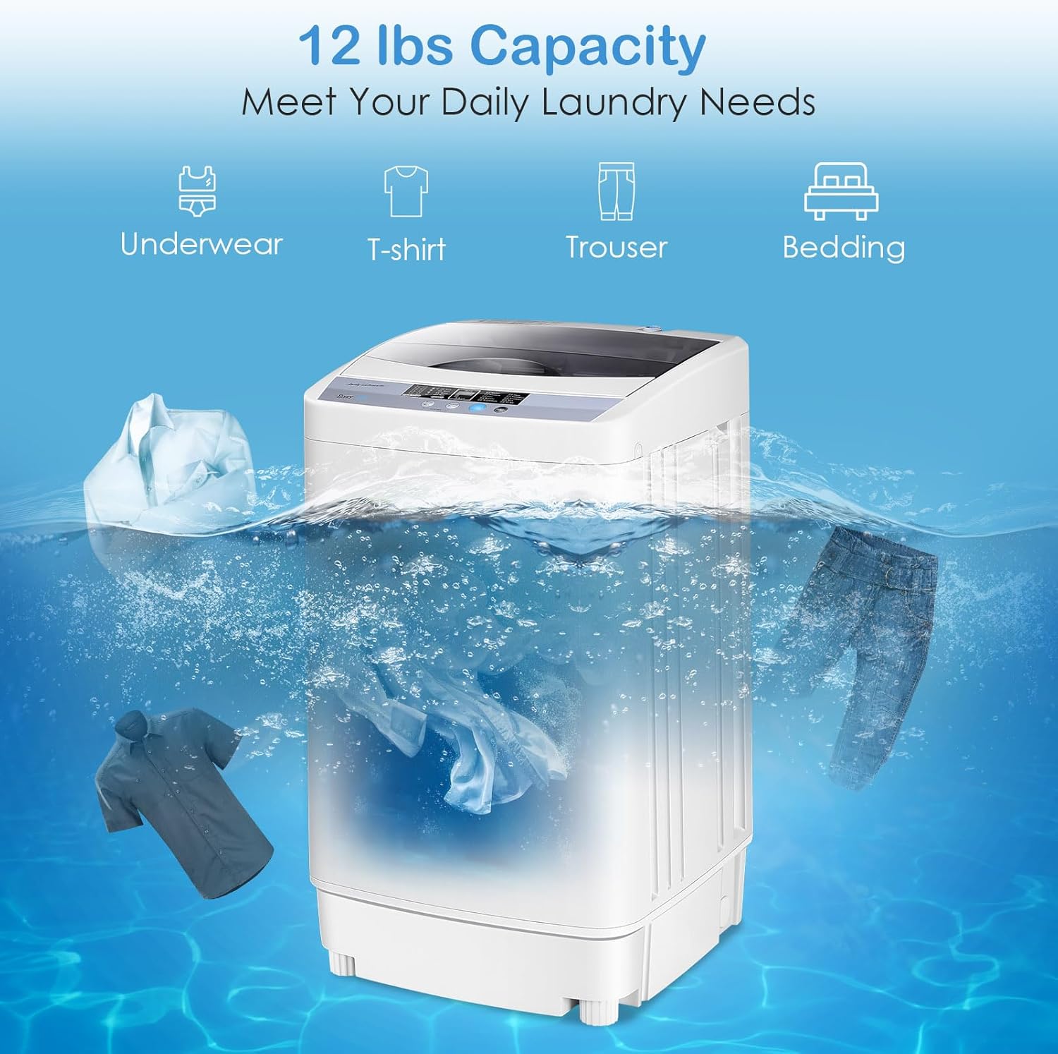 RELAX4LIFE Full-Automatic Washing Machine, 12LBS Capacity Compact Laundry Washer w/10 Programs, 8 Water Levels, LED Display & Drain Pump