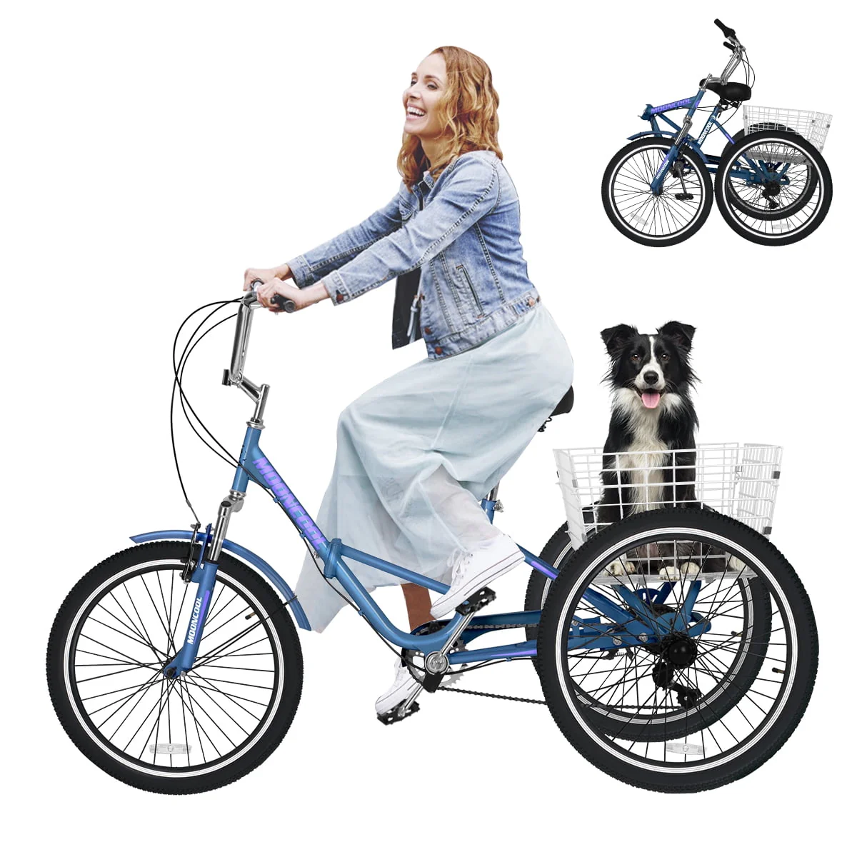 MOONCOOL Adult Folding Tricycle for Adults, 7 Speed 20/24/26 inch 3 Wheels Bikes with Basket, Foldable Tricycle for Adults, Women, Men, Seniors