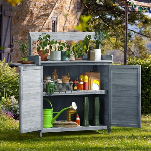 YITAHOME Solid Wood Potting Bench Table with Folding Pallet and Metal Tabletop, Outdoor Storage Cabinet Planting Table Garden Work Bench for Garden