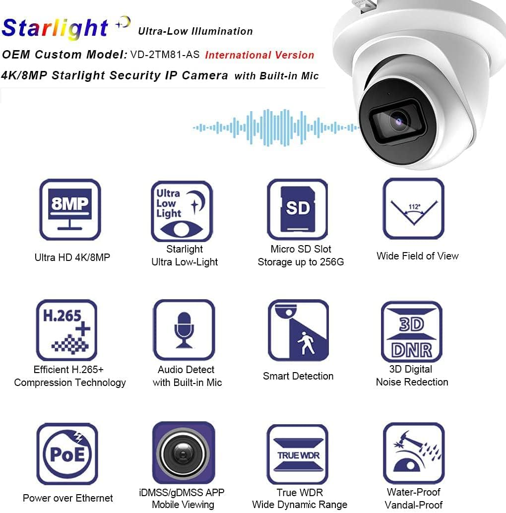 Starlight 4K 8MP Poe IP Camera with Low-Illumination Built-in Mic, 98ft Night Vision, IVS, H.265, SD Card Slot, WDR, 3D DNR, IP67