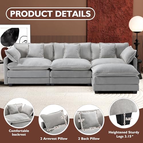 Ihanherry 111.4" U Shaped Modern Cloud Sofa Modular Sectional Couch with 2 Ottoman, 5-Seat Chenille Deep Seat Sofa with Pillow for Living Room