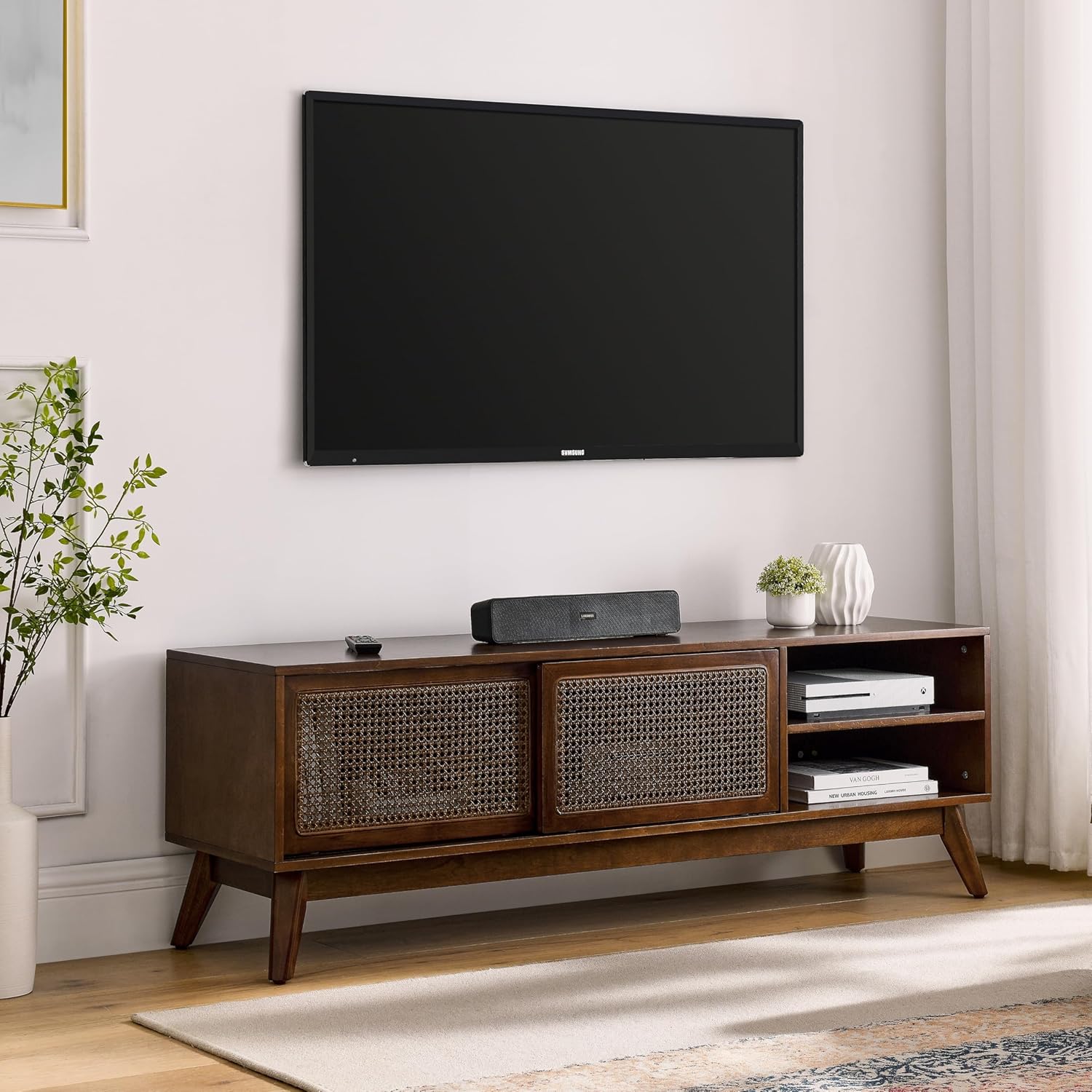 Modern Rattan Tv Stand for Up to 65" Tvs Entertainment Center Media Console Cabinets Living Room Bedroom Walnut Tan Farmhouse Mid-Century MDF Wood