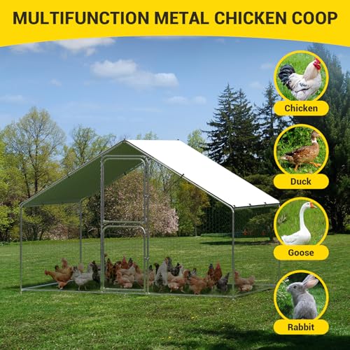 Heavy Duty Walk-in Chicken Coop, Large Metal Poultry Cage with Waterproof UV Cover & Round Top Design