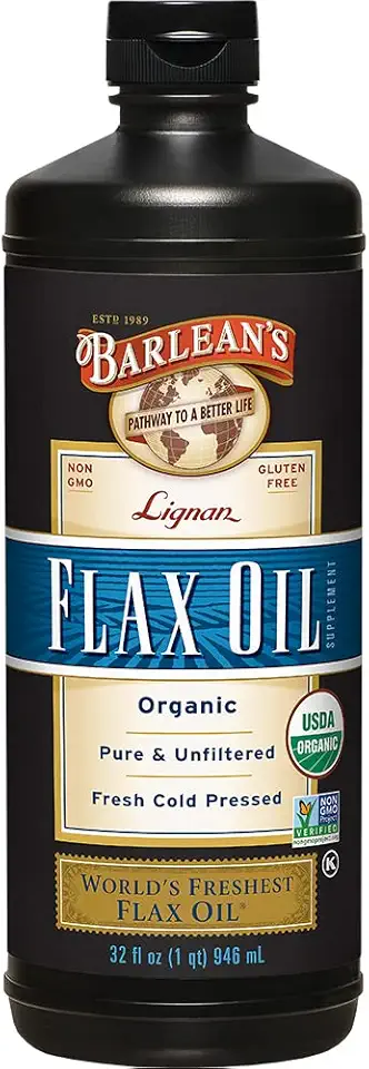 Barlean's Organic Lignan Flaxseed Oil Liquid Supplement from Cold Pressed Flax Seeds, 7,230 mg ALA Omega-3 Fatty Acids, Cold Press Flax Seeds
