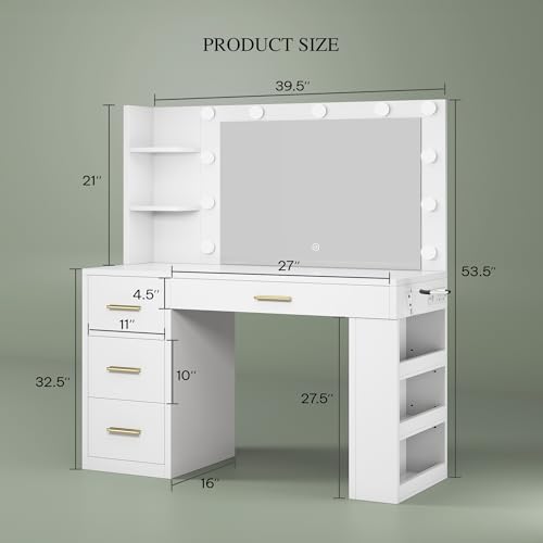 DWVO Vanity Desk with Mirror, Large Makeup Table with Power Outlets, 11 LED Bulbs, 3 Adjustable Light Modes, 4 Drawers and Built-in Shelves