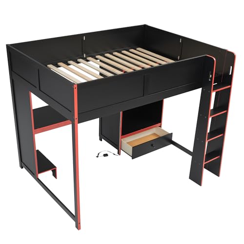 Modern Full Size Gaming Loft Bed with Built-in Desk and Storage Wardrobe, Wood Loft Bed Frame with Light Strip and 2 Drawers