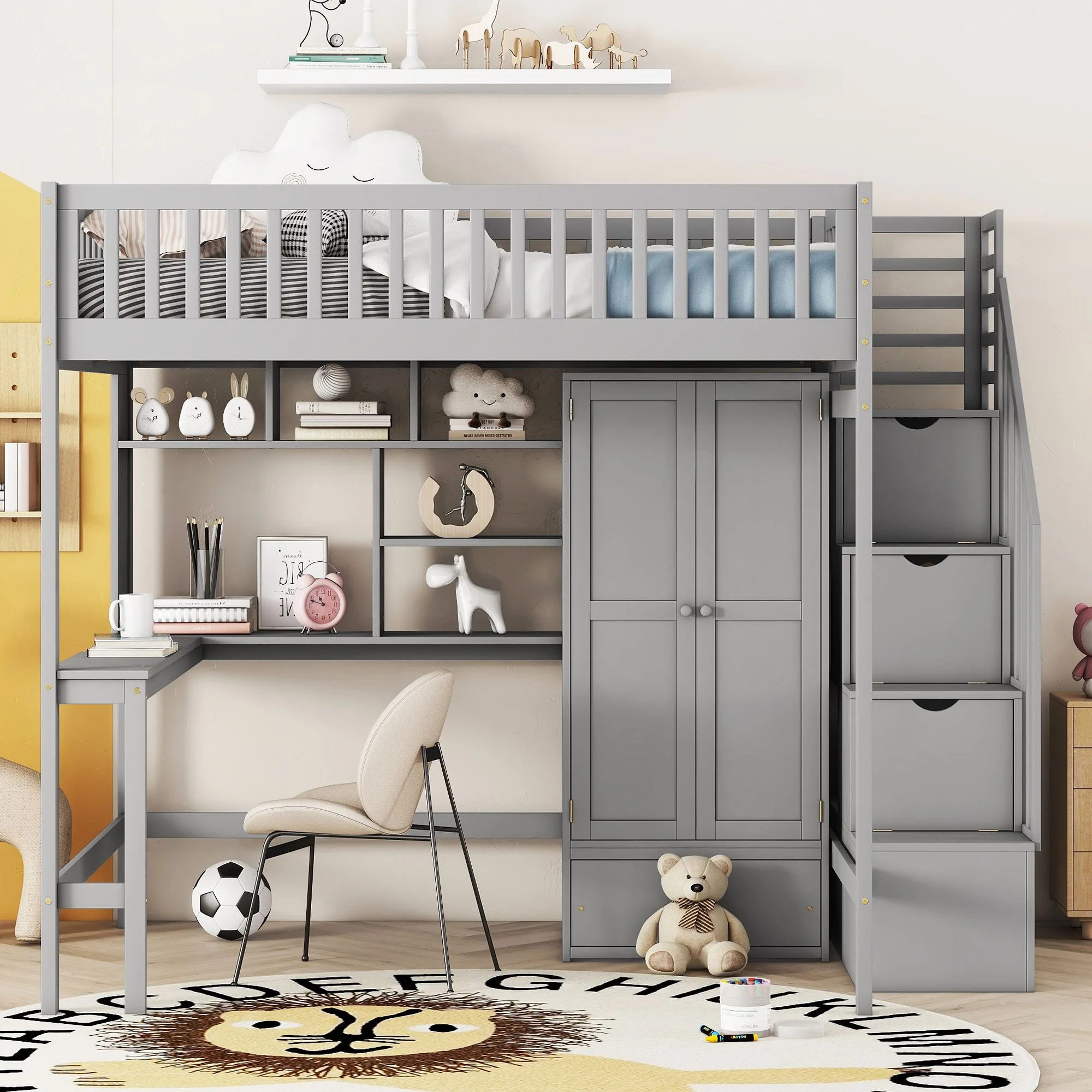 Full size Multifunctional High Loft Bed with Under-bed Desk, Shelves and Wardrobe, Sturdy Wooden Loftbed Frame with Bookshelf