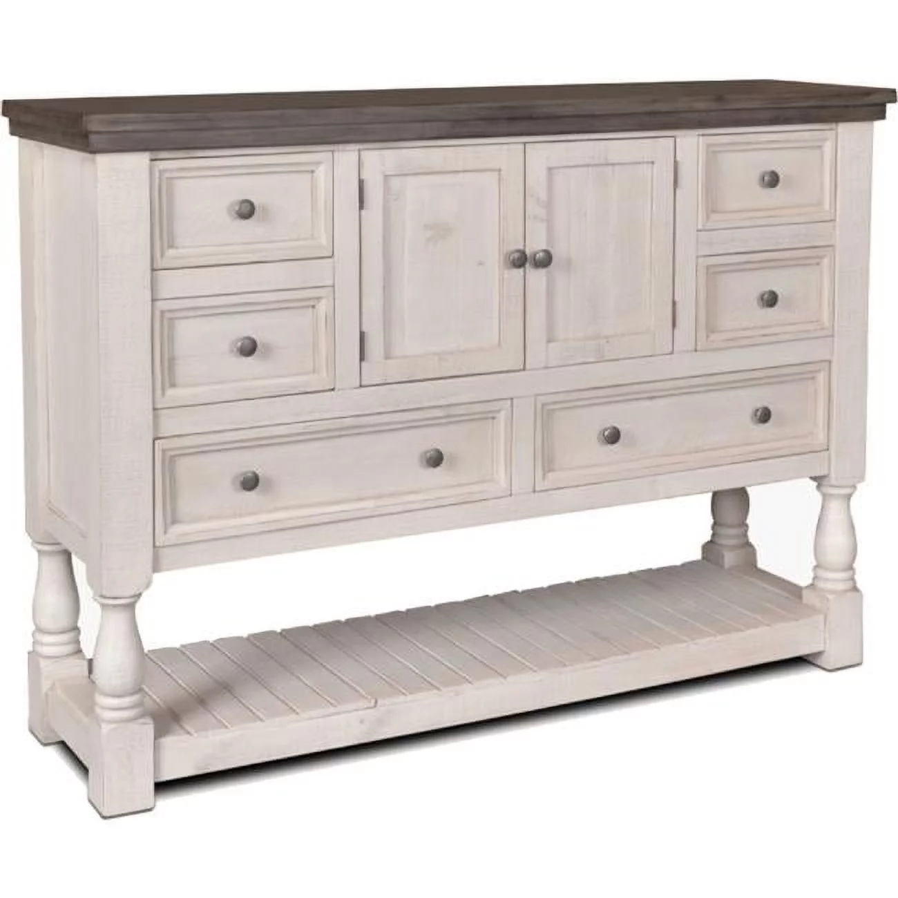 Rustic French 6 Drawer Dresser 2 Cabinets/Shelf in Distressed White/Brown Wood