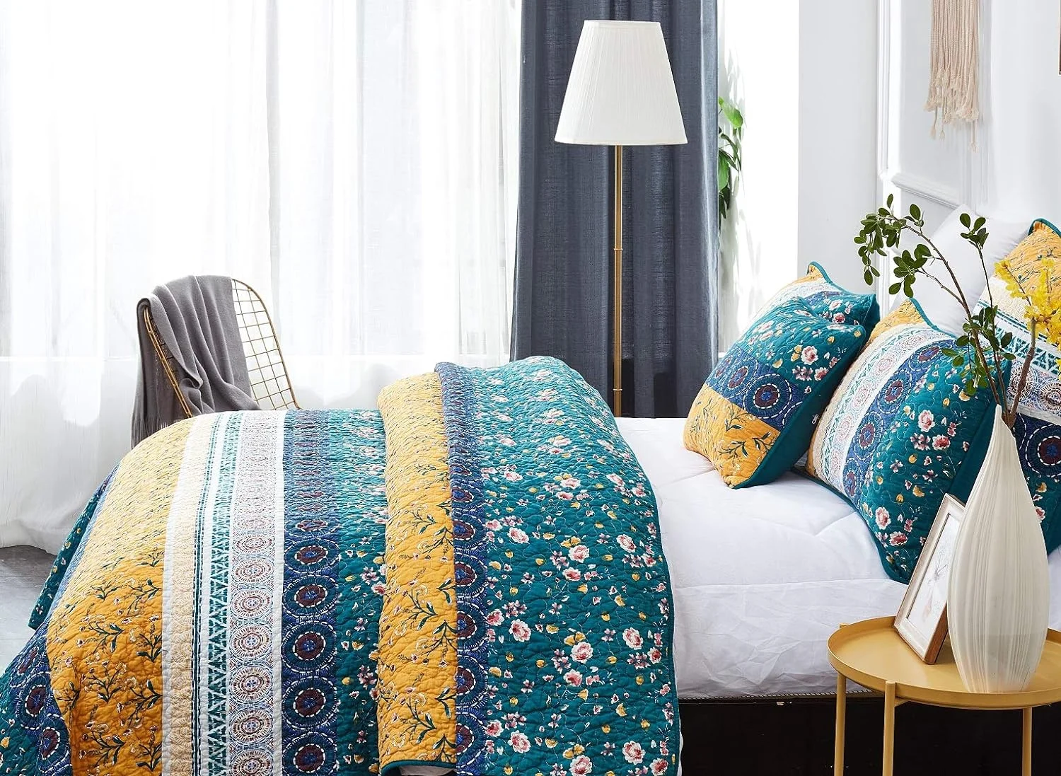 Bohemian Gardenia Floral Patchwork Bedspread Set - Cotton Bed Of Wild Flowers Botanical Quilted Coverlet - Bright Vibrant Yellow Blue Teal Green