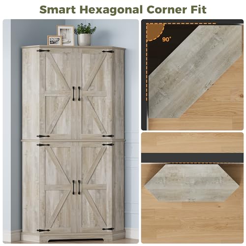 IRONCK Corner Cabinet, 72" Kitchen Pantry Cabinet, 6-Tier Farmhouse Pantry with 4 Adjustable Shelves, 240° Swivel Doors, 2 Doors Storage