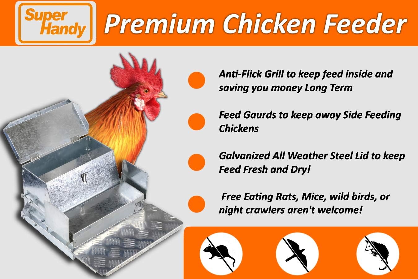 SuperHandy Chicken Feeder Automatic 20lbs (9kg) Capacity Trough Feeds 6-12 Poultry/Fowl Up to 10 Days Keeps Dry with Spill Proof Galvanized Steel