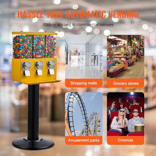 VEVOR Commercial Vending Machine, Triple Compartment Candy Dispenser with Iron Stand, Gumball and Candy Machine for Business
