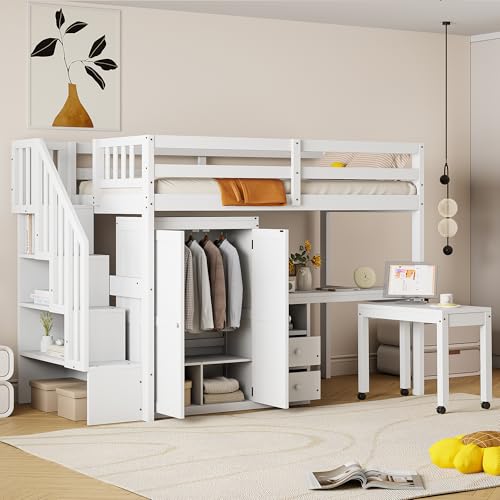 Harper & Bright Designs Twin Size Loft Bed with Stairs and Bookshelf, Wood Twin Storage Bed with Desk & Wardrobe