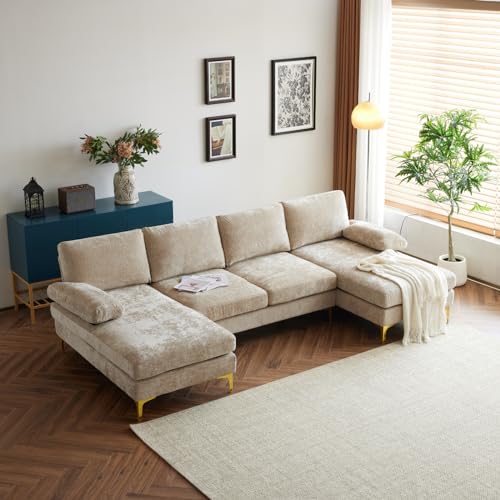 Karl home Convertible Sectional Sofa 110" U-Shape Sofa Couch 4-Seat Couch with Chaise ChenilleFabric Upholstered for Living Room, Apartment, Office