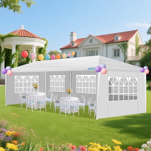 10X30FT Canopy Tent, White Pole Tents for Parties, Wedding, Events and Birthday, Outdoor Party Tent with 5 Removable Sidewalls