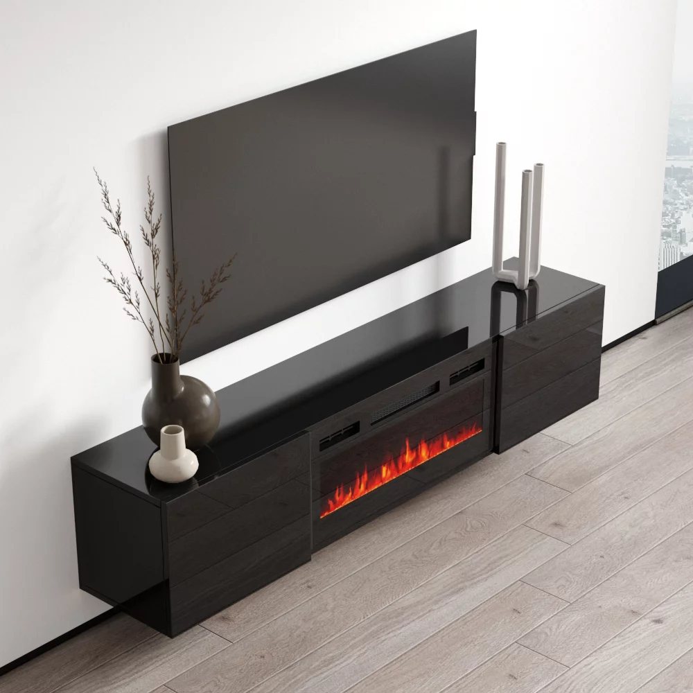 Cali BL-EF Floating Fireplace TV Stand for TVs up to 80", Modern High Gloss 72" Entertainment Center